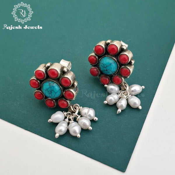 Pair of Southwestern Silver and Red Coral Drop Earrings - Ruby Lane